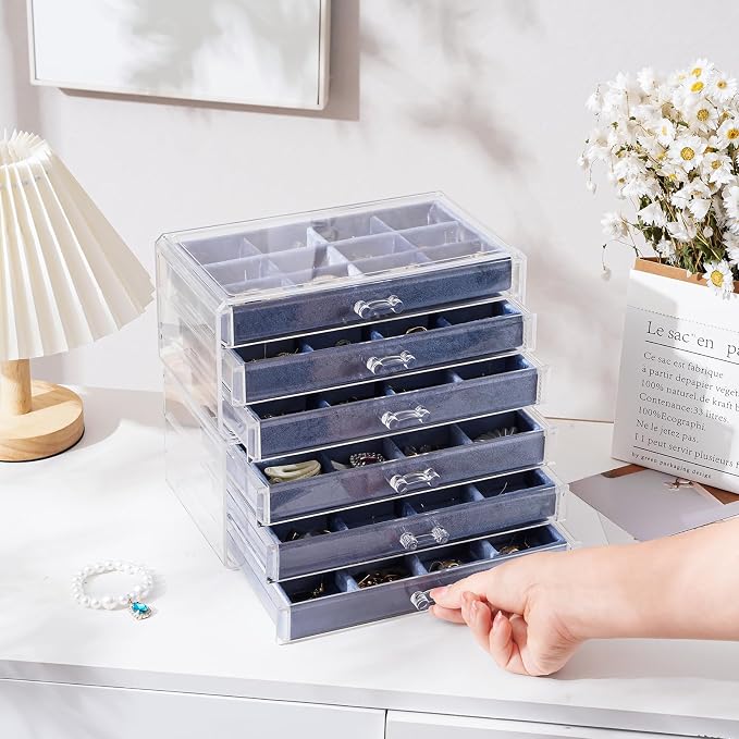 Lolalet Earring Holder Organizer Box Jewelry Storage with 6 Drawers, Clear Acrylic Stackable Earring Case with Adjustable Velvet Trays for Women on Dresser Vanity -Blue, 6 Layers - Image 6