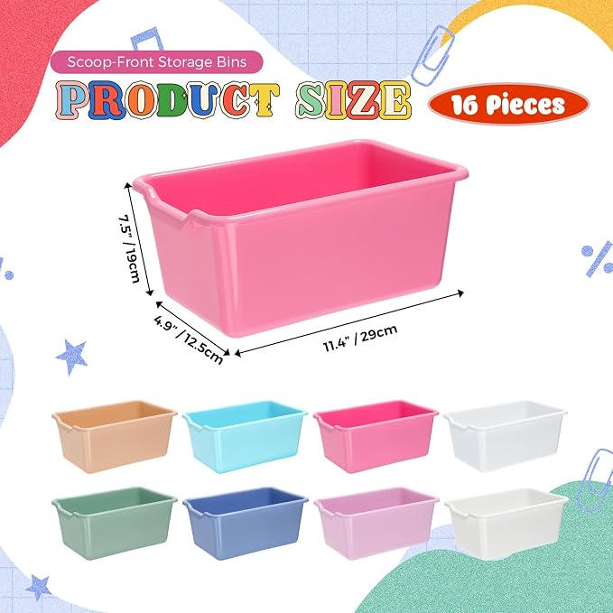 Dandat 16 Pcs Plastic Book Bins for Classroom Library Cubby Bins Scoop Front Stackable Toy Storage Tubs Containers for School Office Home Nursery Playroom Organization(Pastel Color) - Image 2