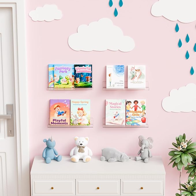 Yieach 4 Pack 15" Acrylic Shelves for Wall,Bathroom,Bedroom - with Adhesive - No Drilling Clear Floating Shelves for Funko Pop,Lego,Action Figures,Nail Polish,Perfume Shelf and Wall Storage & Display - Image 9