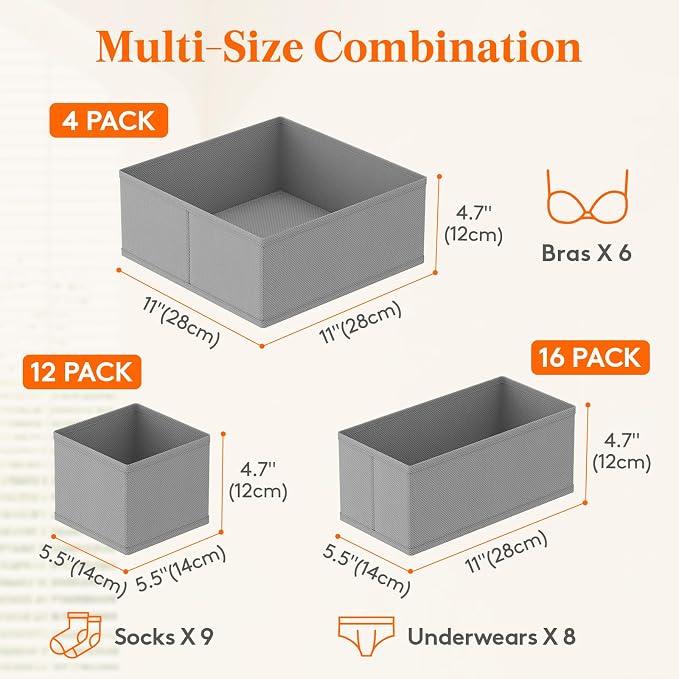 Lifewit Drawer Organizer Clothes for Closet 32 Pack, 3 Sizes Underwear Wardrobe Drawer Dividers, Fabric Foldable Dresser Storage Organizer Bins for Sock/Bra/Lingerie/Undies, Light Gray - Image 2