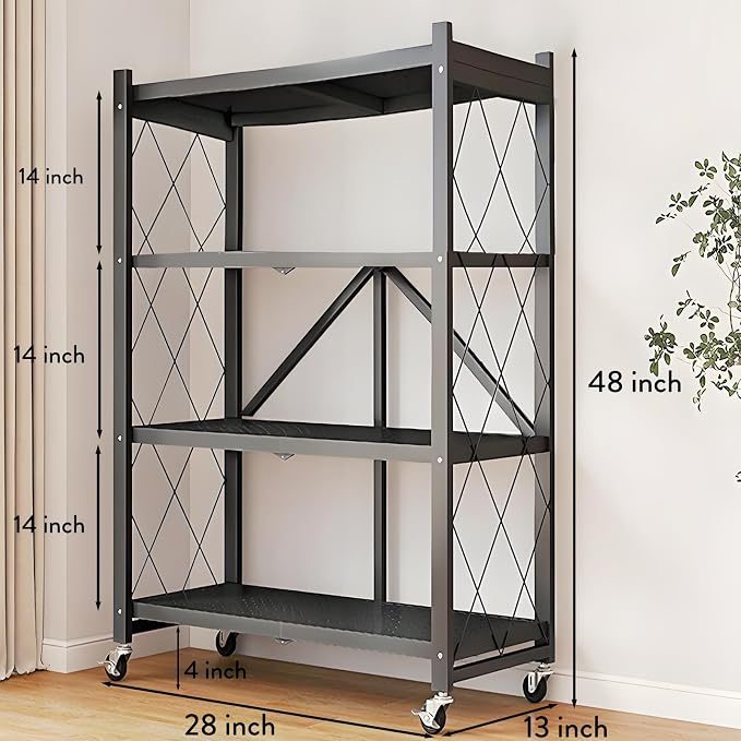 Kitchen Garage Metal Shelves, Storage Shelves Organizer, Foldable Metal Shelving, Closet Shelving Unit, 28" W x 14" D x 50" H Bakers Rack Microwave Stand, Plant Stand with Wheels (4-Tier Shelf) - Image 2