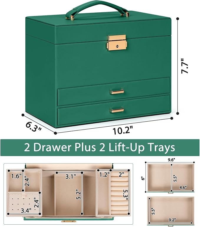 AKOZLIN Travel Jewelry Box Organizer Functional 2-trays Leather Jewelry Storage Case with Lockable Portable 2 Drawers for Women Girls Ring Necklace Earring Bracelet - Image 7