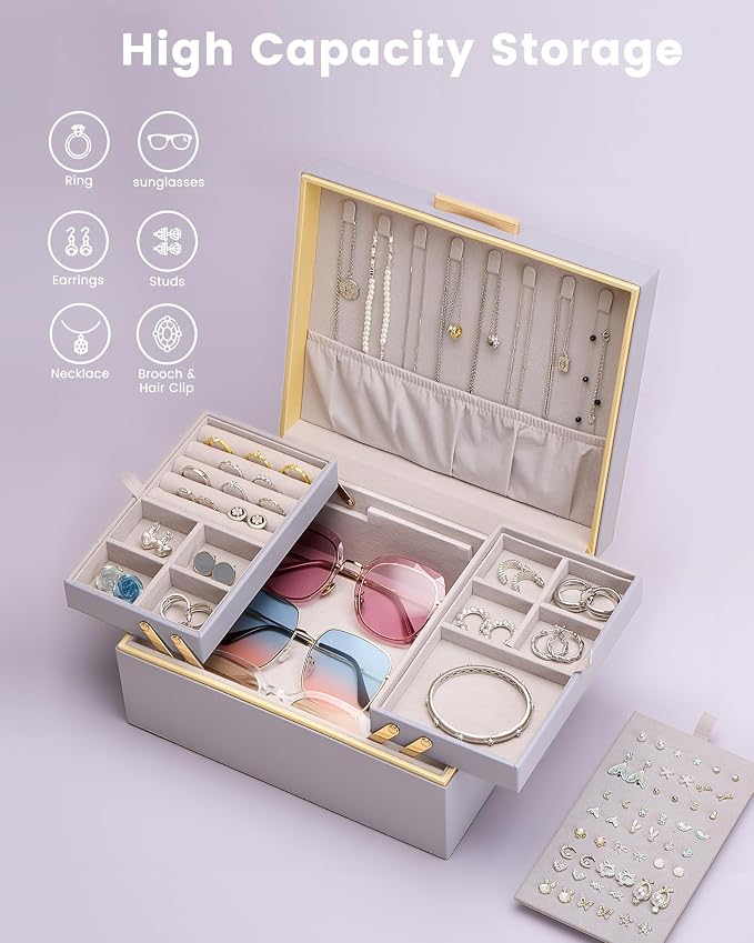 Lolalet Jewelry Box Organizer for Women Girls, 2 Layer Jewelry Organizers and Storage for Necklace Earrings Rings Bracelets, Large Jewellery Holder Case Birthday Mothers Day Gifts -HazePurple - Image 3