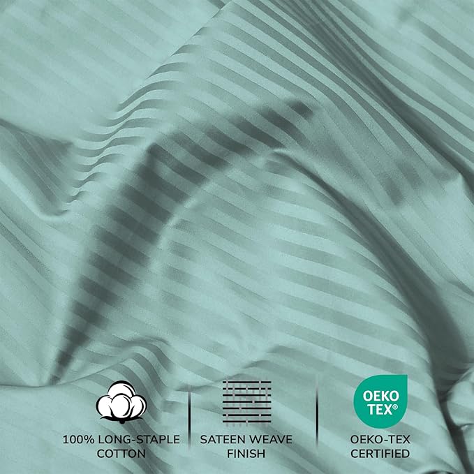 Feather & Stitch 500 TC Full Size Bed Sheet Set, 100% Cotton Soft Breathable Bedsheets, 4 Piece 18" Deep Pockets Sateen Weave Striped Bedding Mattress Resort Hotel Luxury - (Granite Green Stripe)
