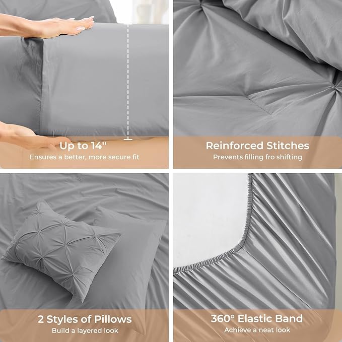 Sasttie Full Size Comforter Set, 7-Piece Bed in a Bag, Pintuck Bedding Sets for All Season, Includes Comforter, Flat Sheet, Fitted Sheet, Pillowcases and Pillowshams, Light Grey