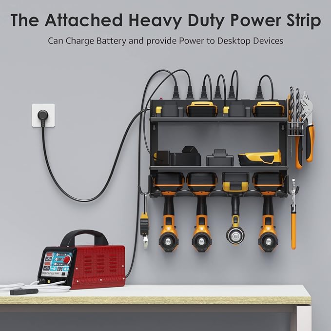 CCCEI Modular Power Tool Organizer Wall Mount with Charging Station. Garage Drill Storage Shelf with Hooks, Heavy Duty Rack, Tool Battery Holder Built in 8 Outlet. Gift for Men. Black, 1 Pack. - Image 3