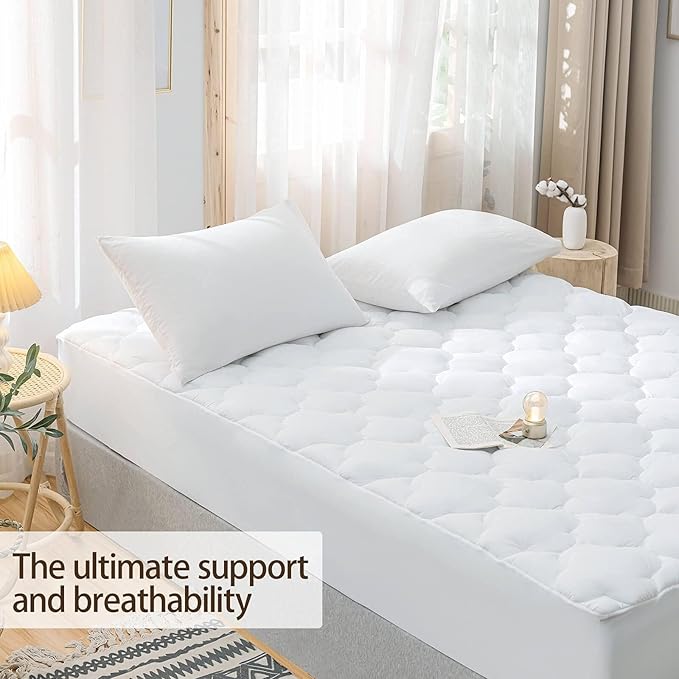 WhatsBedding Waterproof Mattress Pad Full Size Cotton Top Down Alternative Filling Pillowtop Mattress Topper Cover-Fitted Quilted White(Waterproof Full Mattress Pad)