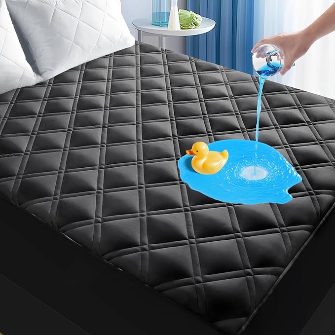 Waterproof Queen Mattress Protector, Breathable Queen Size Mattress Pad Cover Fitted Deep Pocket 8"-21", Soft Noiseless Mattress Cover Washable Cooling Padded for Home Hotel Bedroom, Black