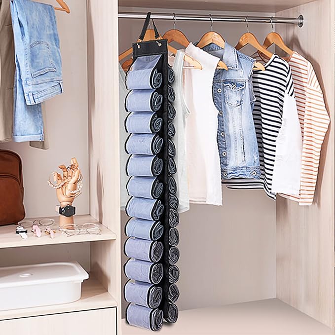 DHSFKBE Legging Organizer Storage - 2PCS T Shirt Organizer, Hanging Closet Organizers and Storage with 26 Roll Independent Compartments for Yoga Pants, Towel, Bathing Suit (Black) - Image 2