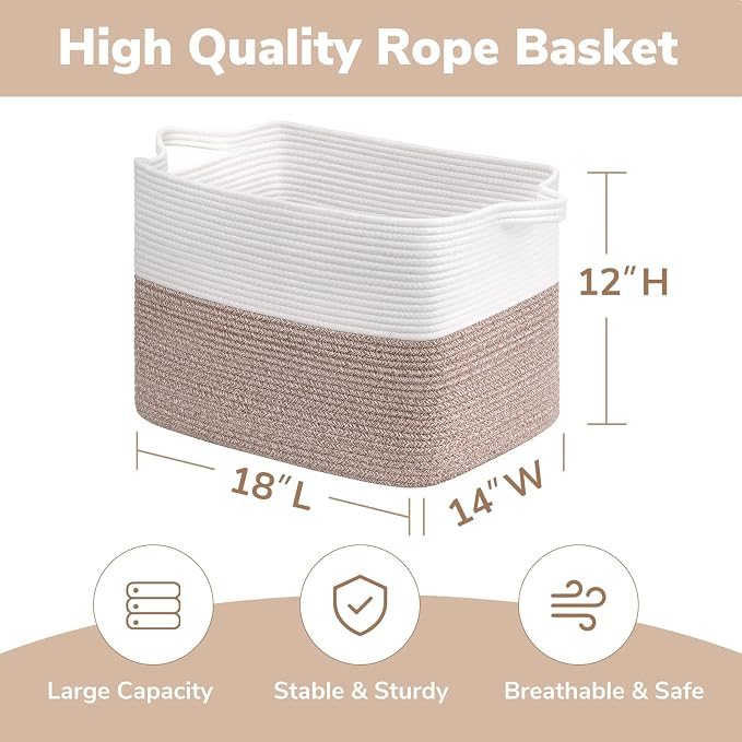 Goodpick Woven Baskets for Organizing, Rectangle Toy Baskets Storage Kids, Rope Storage Basket with Handles, Large Blanket Basket for Living Room, 18 x 14 x 12 Inches - Image 3