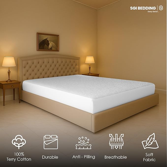 SGI bedding Waterproof Alaskan King 108" x 108" Extra Large Bed Mattress Pad Cover, 18" Deep Pocket, Soft Noiseless & Breathable Fitted Sheet Style Mattress Protector – White