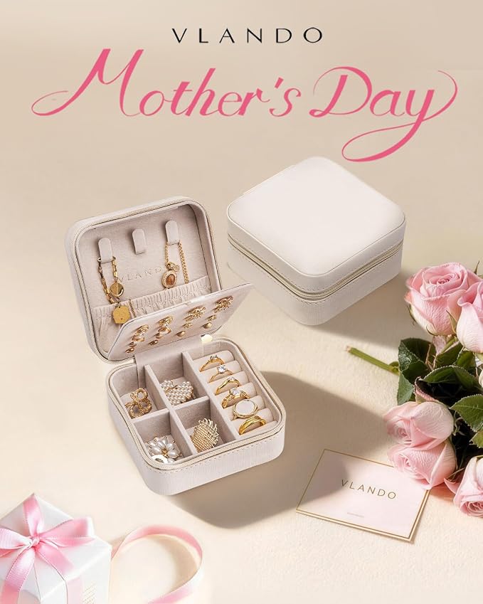 VLANDO Mothers Day Mom Gifts - Travel Jewelry Case, Small Travel Jewelry Organizer Box for Girls Women - White - Image 2