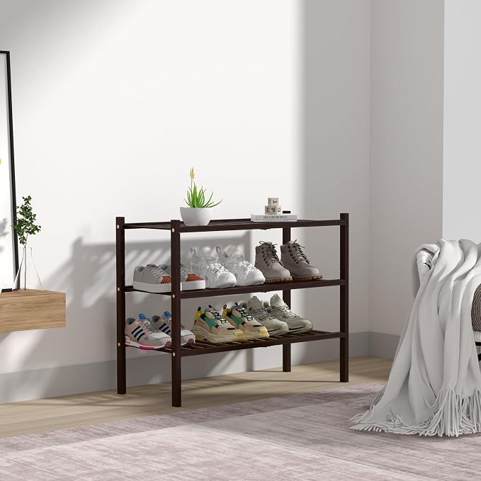ROMGUAR CRAFT 3 Tier Bamboo Shoe Rack for Closet Free Standing Wood Shoe Shelf for Entryway Small Space Stackable 27"x11"x20" (Brown) - Image 7