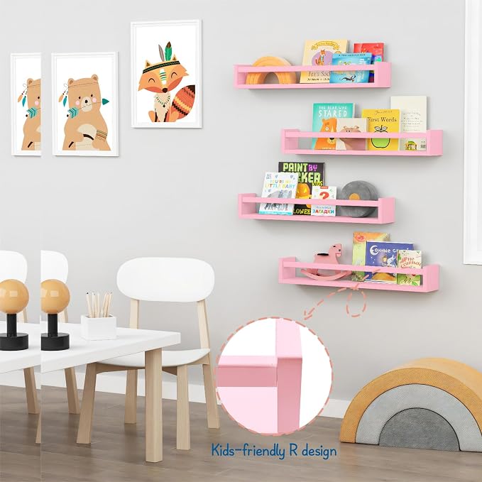Forbena Large Pink Kids Book Shelves for Girls Room Wall Set of 4, Floating Nursery Book Shelf for Baby Girl Deocr, 24 Inches Long Wall Mounted Bookshelf for Toddler Kid Child Teens Bedroom (Pink) - Image 6