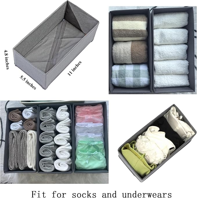 Bructhun Sock Drawer Organizer 6 Pack - Collapsible Fabric Storage Bins for Underwear Divider, Small Closet Organizers with 6 Compartments, Gray - Image 6