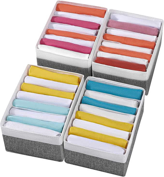 4 Packs T-shirt Drawer Organizers for Clothing,8 Grids Compartment Wardrobe Storage Box, Washable Clothes Organizer for Legging,Silk Scarve-12.59''x9.05''x5.9-GreyWhite by Coorganisers