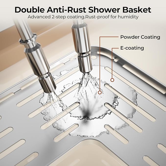 Orimade Rustproof 3 Tier Floor Standing Corner Shower Caddy Organizer with Toothbrush Holder, Large Spacing Floor Shower Shelf Rack Storage Stands with Hooks for Bathroom Kitchen, Silver - Image 4