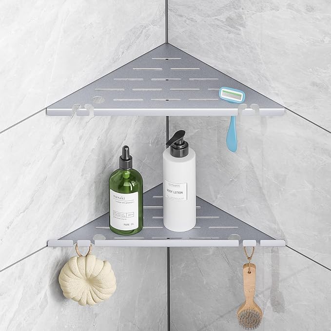 Shower Corner Shelf Organizer Rack with Hooks & Razor Hole, No Drilling Tile Shower Shelves, Rustproof Stainless Steel Bathroom Shelves Basket, Modern Corner Shelf for Bathroom, 2Pack-Silver by HBXS