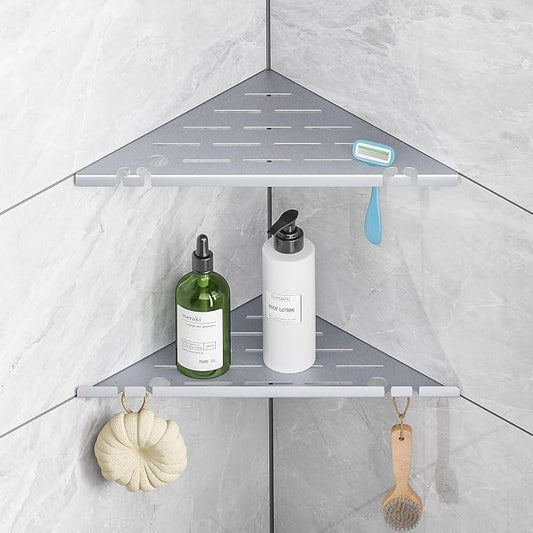 Shower Corner Shelf Organizer Rack with Hooks & Razor Hole, No Drilling Tile Shower Shelves, Rustproof Stainless Steel Bathroom Shelves Basket, Modern Corner Shelf for Bathroom, 2Pack-Silver by HBXS
