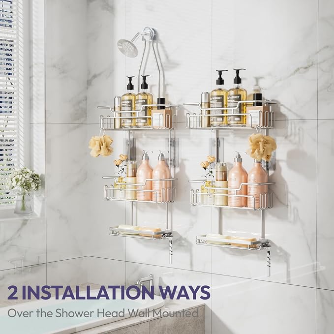 SWTYMIKI Bathroom Shower Caddy Hanging - 3 Tier Rustproof Over Shower Head Organizer, No Drilling Bathroom Shelf with 16 Hooks & Soap Holder, Anti-Swing Rack, Sand Nickel - Image 2
