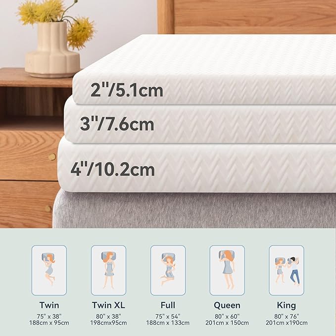 3 Inch Plush Queen Gel Memory Foam Mattress Topper, Cooling Bed Topper with Removable Cover, Soft & Pain Relief & Breathable, CertiPUR-US & Oeko-Tex Certified
