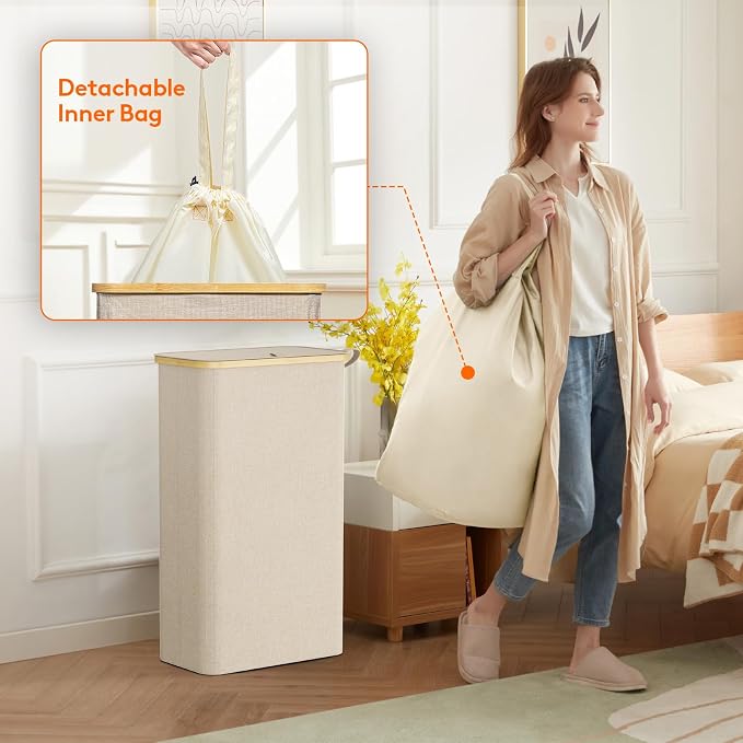 Lifewit 75L Slim Laundry Hamper with Lid, Narrow Laundry Basket with Removable Bag & Bamboo Handles, Fodable Thin Dirty Clothes Hamper for Laundry Collapsible Bin for Bathroom Bedroom Dorm, Beige - Image 4