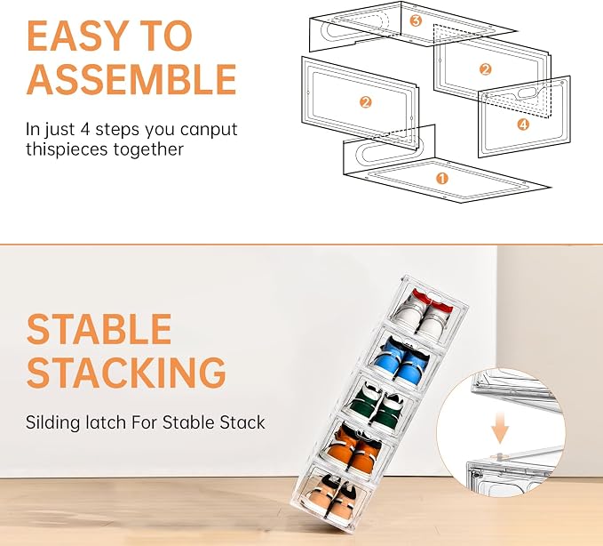 INSTY 6 Pack Large Shoe Storage Box, Clear Shoe Storage Organizer with Magnetic Door, Stackable,Shoe Containers For Display Sneakers, Easy Assembly, Fit up to US Size 12, Clear - Image 7