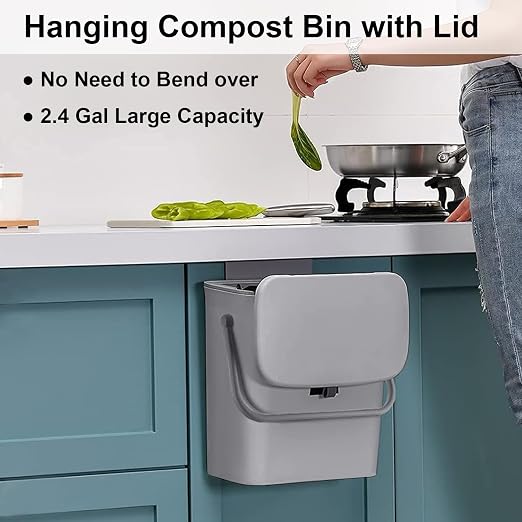 LALASTAR Kitchen Compost Bin for Countertop or Under Sink, Hanging Small Trash Can with Lid for RV/Office/Bedroom/Dorm, Mountable Indoor Compost Bucket, 9L/2.4 Gal, Grey - Image 2