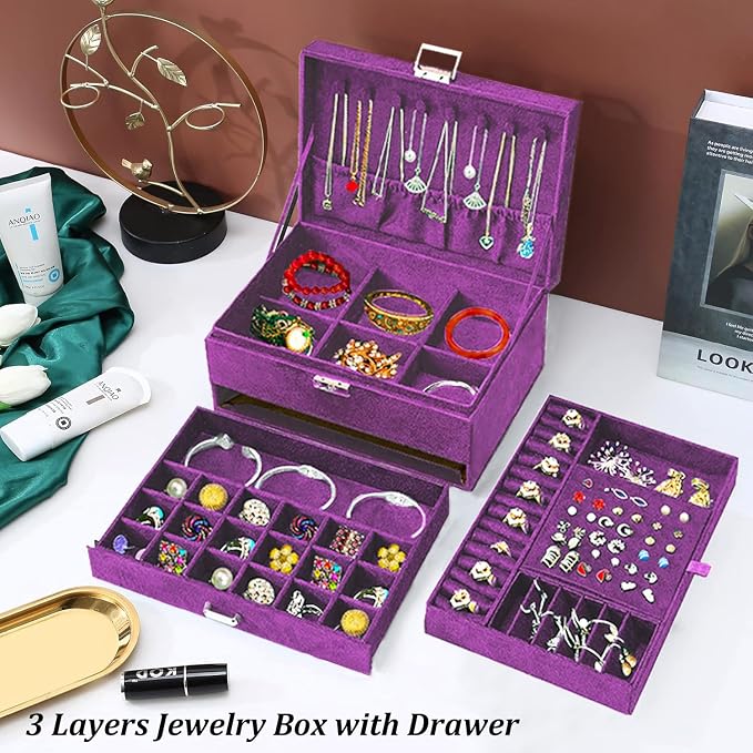 QBestry 3-Layer Jewelry Box for Women with Lock and Key & Drawer, Large Jewelry Organizer with 8 Necklace Hooks & 56 Earring Holes, Purple Velvet Jewelry Storage Box for Necklace Earring Ring Bracelet - Image 2