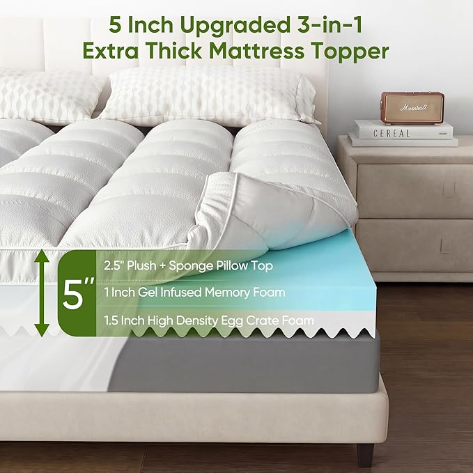 5 Inch King Size Mattress Topper,Memory Foam Mattress Toppers-2.5" Gel Cooling Foam Mattress Pad+2.5" 1500GSM Thick Bamboo Pillow Top with 2X Soft and Supportive for Back Pain Relief,80 * 76 * 5in