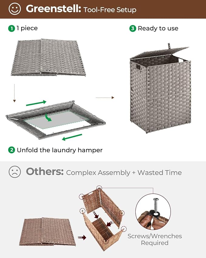 Greenstell Laundry Hamper with 2 Removable Liner Bags - 90L Divided Clothes Hamper, Handwoven Synthetic Rattan Foldable Laundry Basket with Lid and Handles Gray (18.3x13.3x24.0Inches) - Image 5