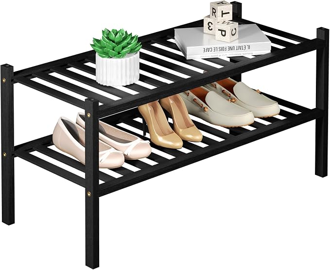 ROMGUAR CRAFT 2 Tier Bamboo Shoe Rack for Closet Free Standing Wood Shoe Shelf for Entryway Small Space Stackable 27"x11"x13" (Black) by ROMGUAR+CRAFT