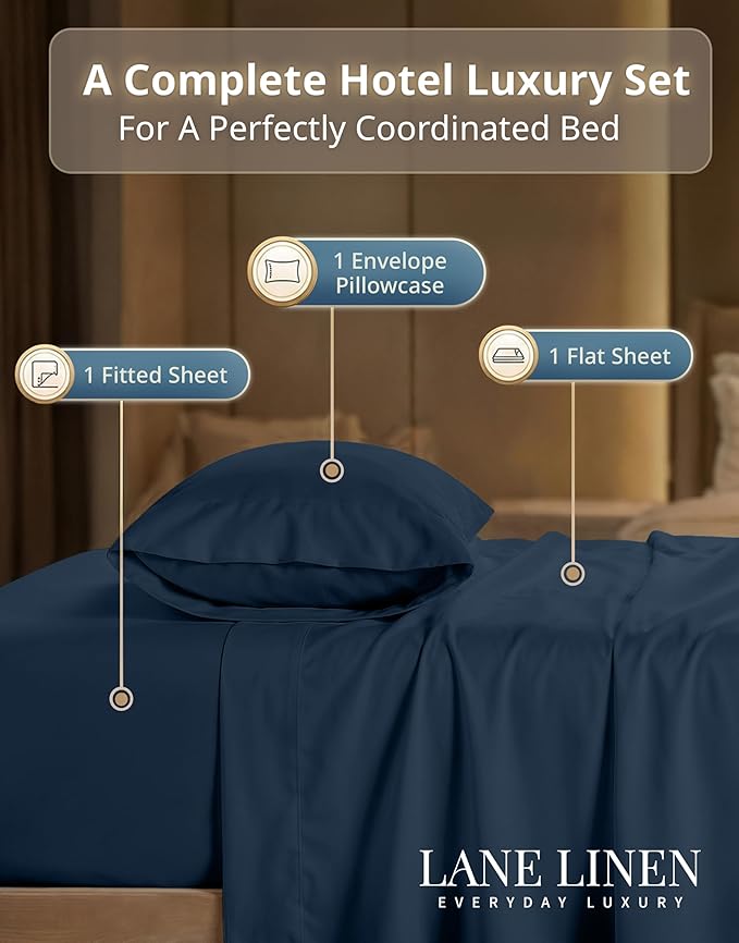 LANE LINEN Twin XL Sheet Sets - 600 Thread Count Sateen Weave - 100% Cotton Sheets for Hotel Quality Softness - 15'' Deep Pocket for Snug Fit to Your Mattress - Oeko Tex Certified - Denim