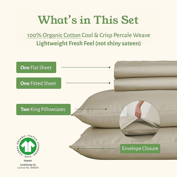 California Design Den Soft 100% Cotton Percale Sheets King Size Set - King Bed Sheets with Deep Pockets, Crisp, Breathable and Durable Bedding Set - Warm Taupe