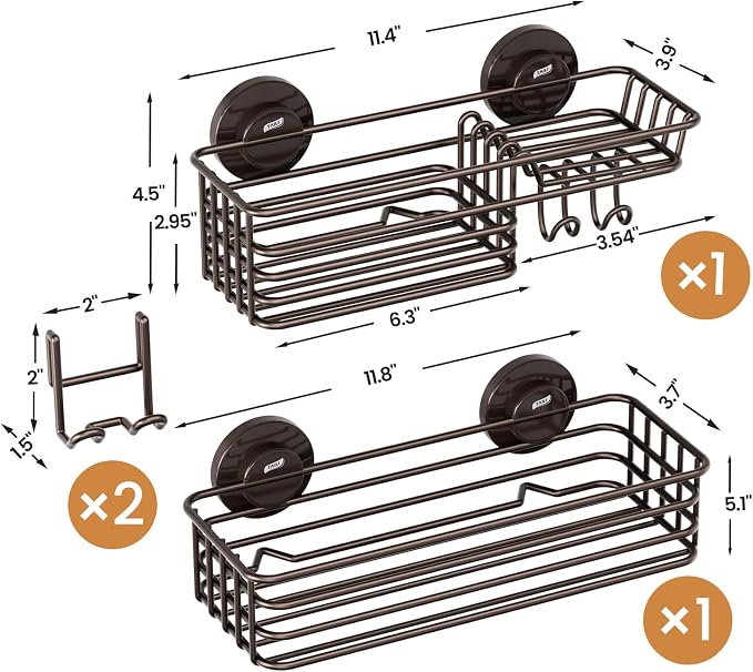 LEVERLOC Shower Caddy Suction Cup, 2 Pack Shelves for Inside with Hooks and Soap Organizer, NO-Drilling Bathroom Holder, Rustproof Meatl Bathroom Basket, Brown - Image 4
