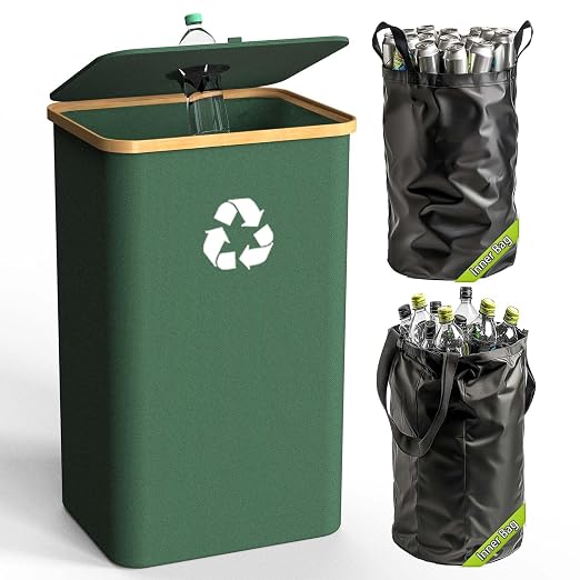 Recycling Bin for Kitchen Indoor Home, Large 100L/ 26 Gallon Recycle Bin with Lid Removeable Reusable Inner Bag Bottle Can Glass Waste Plastice Stickers (Green, 26 Gallon) by Pakusane