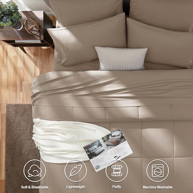 CozyLux Queen Comforter Set Khaki, 7 Pieces Bed in a Bag, Khaki Comforters Queen Size, All Season Bedding Sets with Stitch Quilted Comforter, Flat Sheet, Fitted Sheet, Pillowcases