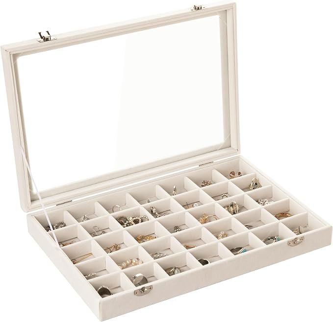 Frebeauty Velvet Jewelry Tray,35 Grid Jewelry Organizer with Clear Lid,Earring Holder Organizer Case with Clasp,Drawer Insert for Rings Studs,13.8 x 9.5 x 2 Inches,Gift for Women Girls(Beige) by Frebeauty