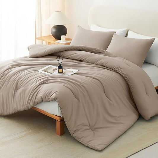 CozyLux Queen Comforter Set Khaki, 3 Pieces Solid Comforters Queen Size Breathable Quilted Bedding Sets, Luxury Soft Lightweight Bed Set with Down Alternative Comforter and 2 Pillowcases All Seasons