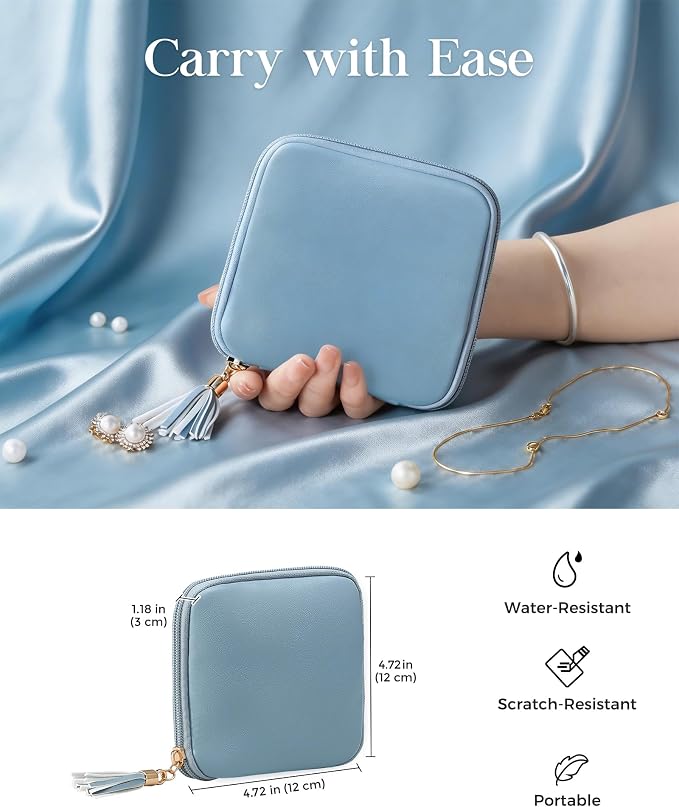Lolalet Travel Jewelry Case Organizer, Small Jewellery Pouch with Compartments for Storage, Soft Velvet Bag for Traveling Women, Full-Zip Packing for Necklaces, Earrings, Bracelets -Dustyblue - Image 3