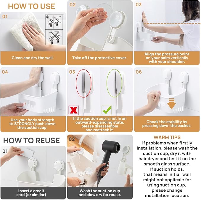 LEVERLOC Shower Caddy Suction Cup Set Shower Organizer & Soap Holder & Toothbrush Holder, Bathroom Shelf Basket NO-Drilling, Removable Suction Storage Waterproof Bathroom Caddy, White - Image 8