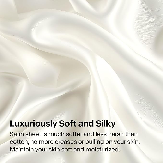 BEDELITE Satin Sheets Twin XL Size Bed Set, Luxury Soft Ivory White Silky Sheets for Hair and Skin, Similar to Silk Bed Sheets Set 3 Pieces （1 Deep Pocket Fitted Sheet, 1 Flat Sheet, and 1 Pillowcase）