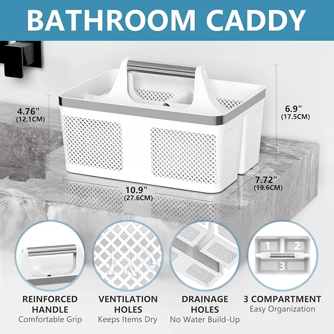 BYUNER Plastic Shower Caddy Dorm: Portable Bathroom Caddy Organizer with Handle and Holes, Cleaning Basket, Hard Shower Basket Storage Tote for Toiletry, College Dorm Room Essentials White/Silver - Image 2