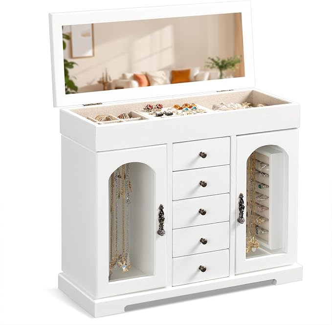 Miratino Jewelry Box for Women Girls, Wooden Jewelry Organizer Box with Mirror, 5 Layer Jewelry Storage Case Display for Necklaces Earrings Rings Bracelets Valentine's Day Gifts by Sayhellotogoodlife