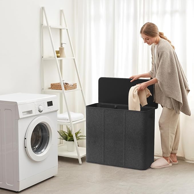 Lifewit Triple Laundry Hamper with Lid and Removable Laundry Bags, Large Collapsible 3 Dividers Dirty Clothes Basket with Handles for Bedroom, Laundry Room, Closet, Bathroom, College, 180L Dark Gray - Image 6