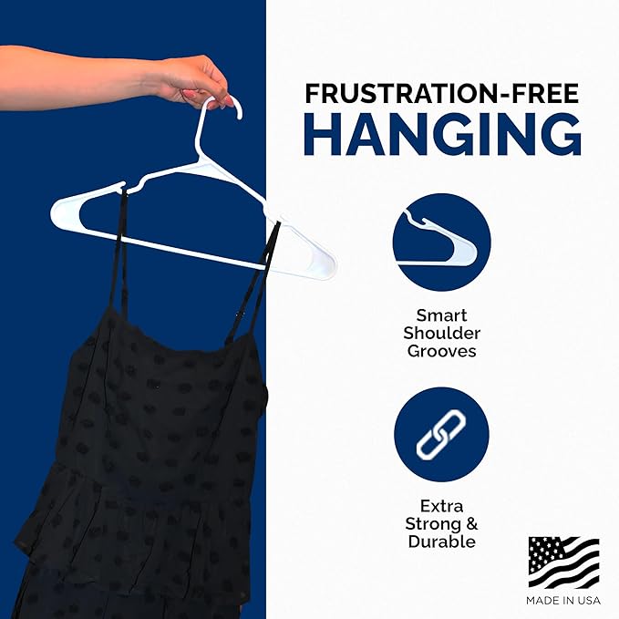 Plastic Hangers 50 Pack, Strong Space Saving Clothes Hanger, Made in USA, Perfect Shirt or Coat Plastic Hanger, with Shoulder Grooves, White, Notched - Image 4