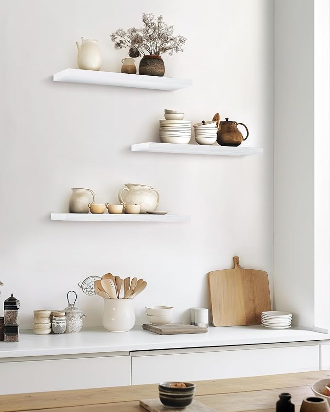 BAYKA White Floating Shelves for Wall, Set of 3, 22.5 Inches Wall Mounted Rustic Wood Shelves for Bathroom, Bedroom, Living Room or Kitchen, Hanging Shelf for Books/Storage/Decor/Display - Image 2
