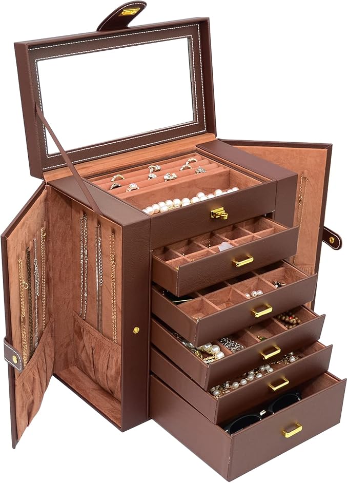 AKOZLIN Extra Large 6-Tier Jewelry Box Organizer with Mirror, 5 Drawers Leather Jewelry Storage Case for Women Girls Ring Necklace Earring Bracelet Brown - Image 9