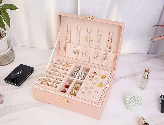 Voova Jewelry Box Organizer for Women Girls, 2 Layer Large Men Jewelry Storage Case, PU Leather Display Jewellery Holder with Removable Tray for Necklace Earrings Rings Bracelets, Vintage Gift, Pink - Image 4