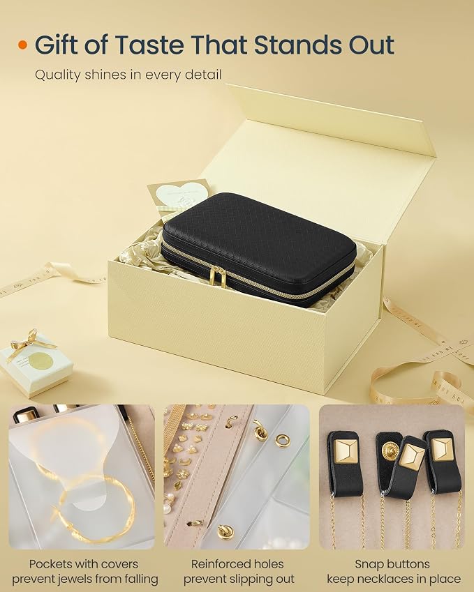 SONGMICS HOME Travel Jewelry Case, Jewelry Organizer Box with Mirror, Jewelry Pouch, Woven Embossed PU Leather, Hard Shell, Large Capacity, Gift Idea, Ink Black UJBC204B01 - Image 6